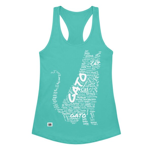 Camiseta de gatos para mujer GATO EN 40 IDIOMAS · MODELO C en color azul tahití, vista plana
