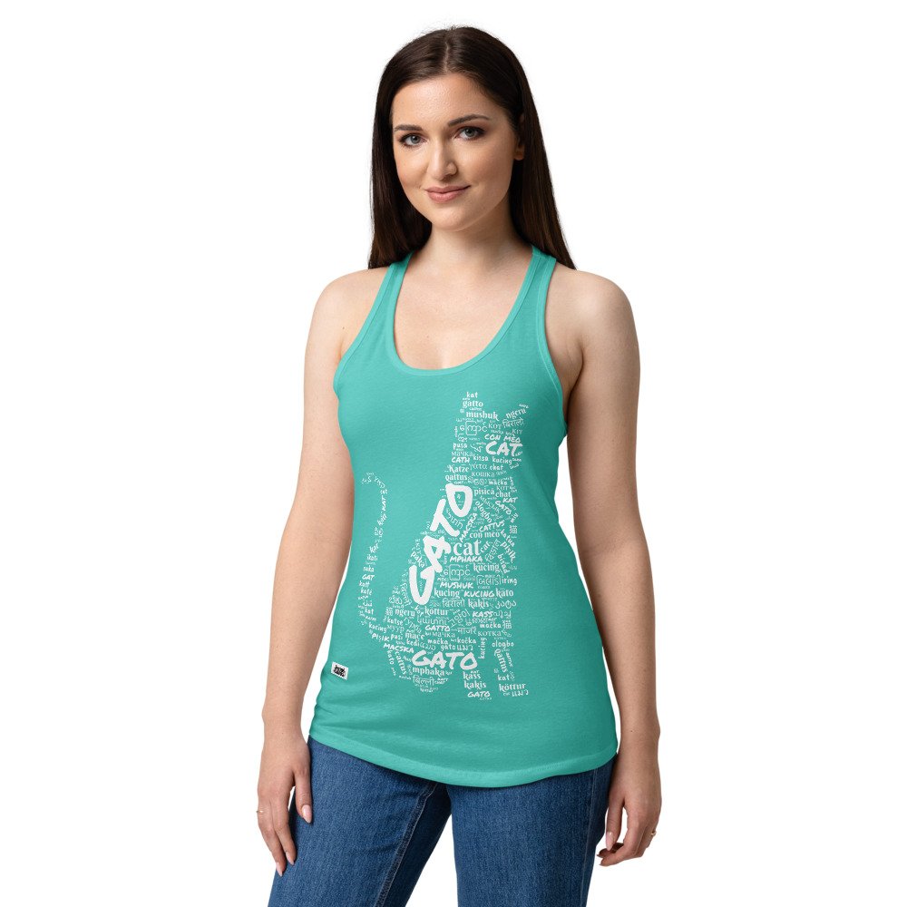 Camiseta de gatos para mujer GATO EN 40 IDIOMAS · MODELO C en color azul tahití, sobre modelo