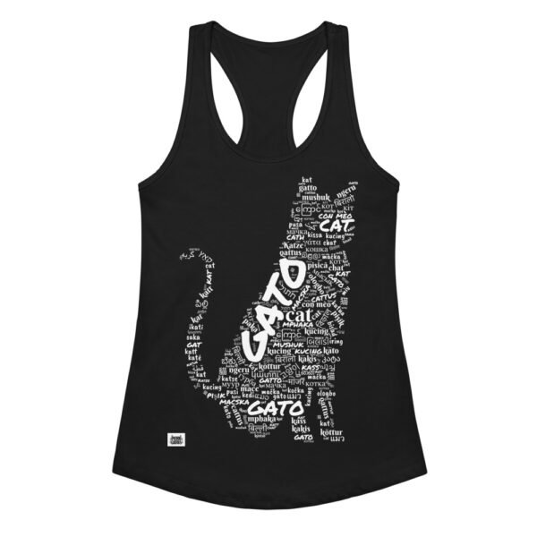 Camiseta de gatos para mujer GATO EN 40 IDIOMAS · MODELO C en color negro, vista plana