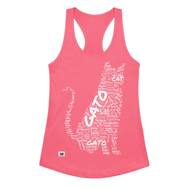 Camiseta de gatos para mujer GATO EN 40 IDIOMAS · MODELO C en color rosa eléctrico, vista plana