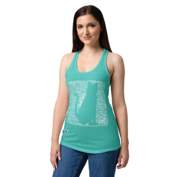 Camiseta de gatos para mujer GATO EN 40 IDIOMAS · MODELO D en color azul tahití, sobre modelo