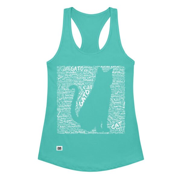 Camiseta de gatos para mujer GATO EN 40 IDIOMAS · MODELO D en color azul tahití, vista plana