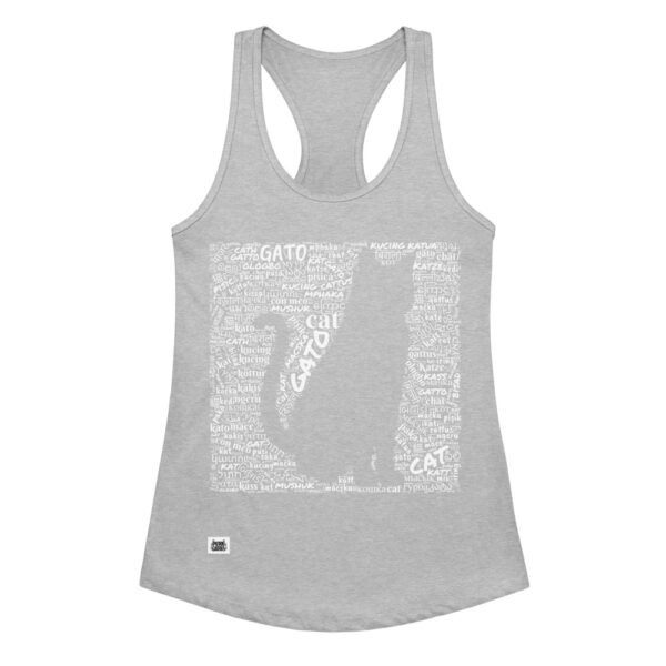 Camiseta de gatos para mujer GATO EN 40 IDIOMAS · MODELO D en color gris jaspeado, vista plana