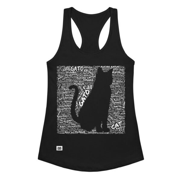 Camiseta de gatos para mujer GATO EN 40 IDIOMAS · MODELO D en color negro, vista plana