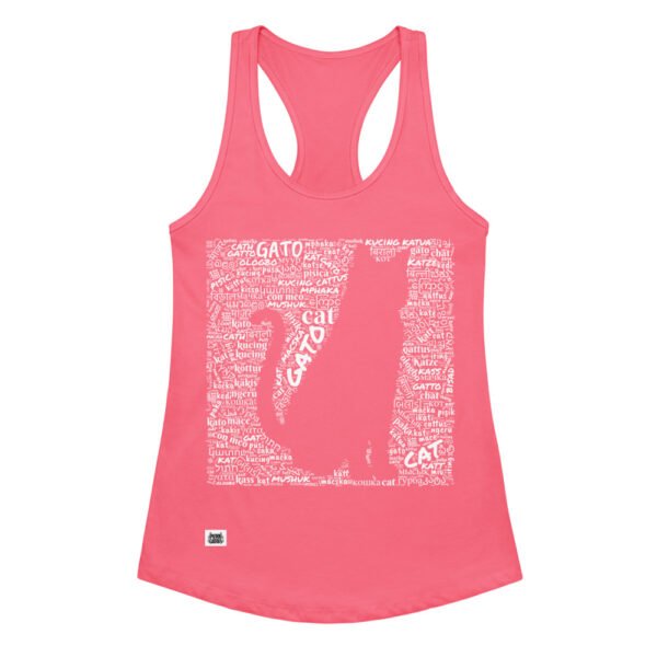 Camiseta de gatos para mujer GATO EN 40 IDIOMAS · MODELO D en color rosa eléctrico, vista plana