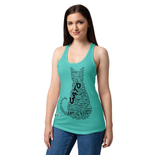 Camiseta de gatos para mujer GATO EN 40 IDIOMAS · MODELO A en color azul tahití, sobre modelo