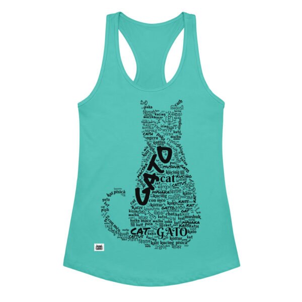 Camiseta de gatos para mujer GATO EN 40 IDIOMAS · MODELO A en color azul tahití, vista plana