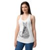 Camiseta de gatos para mujer GATO EN 40 IDIOMAS · MODELO A en color blanco, sobre modelo