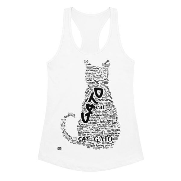 Camiseta de gatos para mujer GATO EN 40 IDIOMAS · MODELO A en color blanco, vista plana