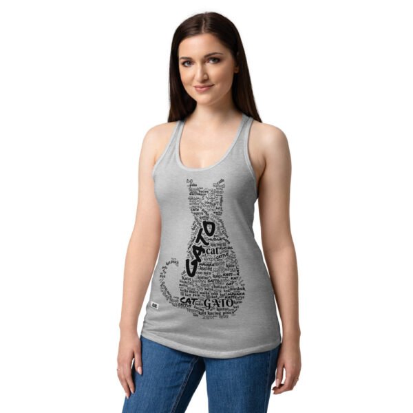 Camiseta de gatos para mujer GATO EN 40 IDIOMAS · MODELO A en color gris jaspeado, sobre modelo