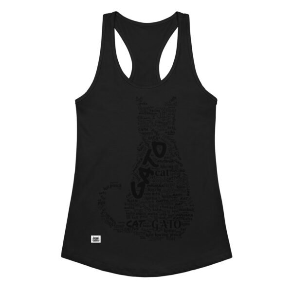 Camiseta de gatos para mujer GATO EN 40 IDIOMAS · MODELO A en color negro, vista plana