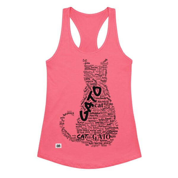Camiseta de gatos para mujer GATO EN 40 IDIOMAS · MODELO A en color rosa eléctrico, vista plana