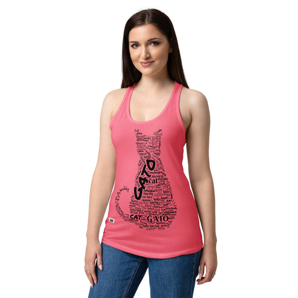 Camiseta de gatos para mujer GATO EN 40 IDIOMAS · MODELO A en color rosa eléctrico, sobre modelo