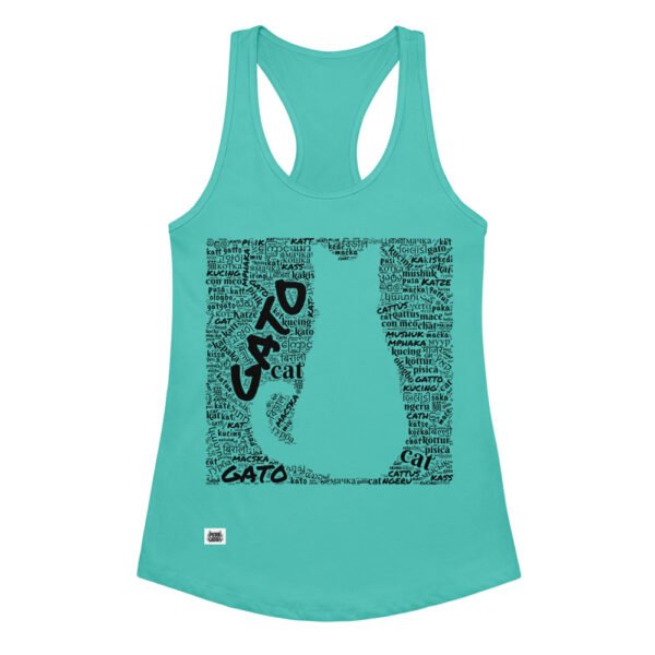 Camiseta de gatos para mujer GATO EN 40 IDIOMAS · MODELO B en color azul tahití, vista plana