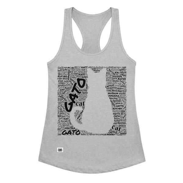 Camiseta de gatos para mujer GATO EN 40 IDIOMAS · MODELO B en color gris jaspeado, vista plana