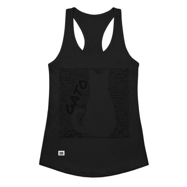 Camiseta de gatos para mujer GATO EN 40 IDIOMAS · MODELO B en color negro, vista plana