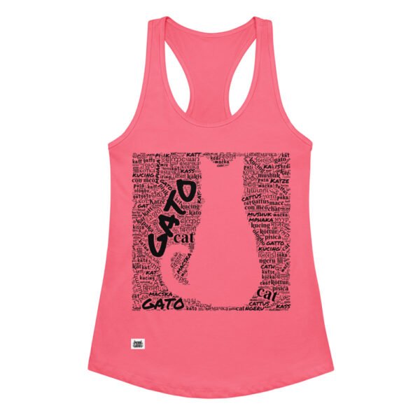 Camiseta de gatos para mujer GATO EN 40 IDIOMAS · MODELO B en color rosa eléctrico, vista plana