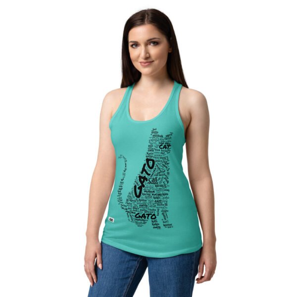 Camiseta de gatos para mujer GATO EN 40 IDIOMAS · MODELO C en color azul tahití, sobre modelo
