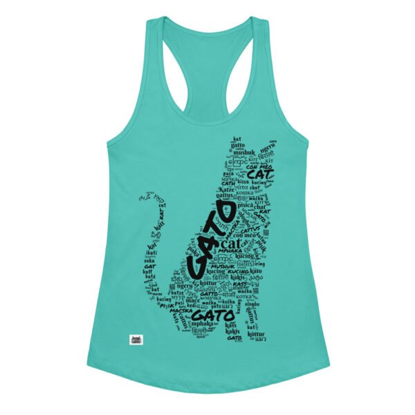 Camiseta de gatos para mujer GATO EN 40 IDIOMAS · MODELO C en color azul tahití, vista plana