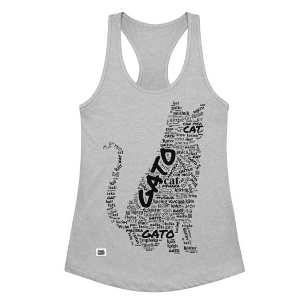 Camiseta de gatos para mujer GATO EN 40 IDIOMAS · MODELO C en color gris jaspeado, vista plana