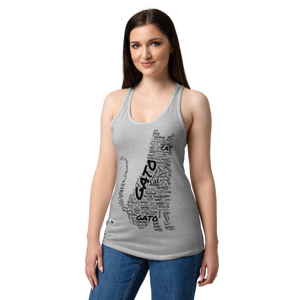 Camiseta de gatos para mujer GATO EN 40 IDIOMAS · MODELO C en color gris jaspeado, sobre modelo