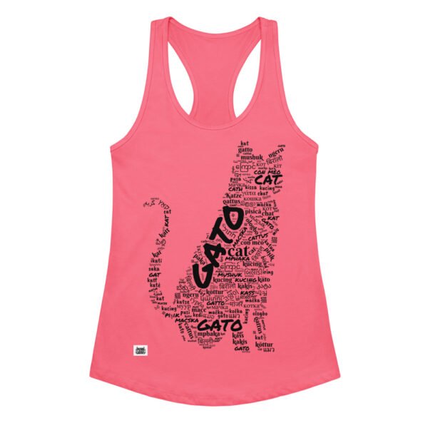 Camiseta de gatos para mujer GATO EN 40 IDIOMAS · MODELO C en color rosa eléctrico, vista plana