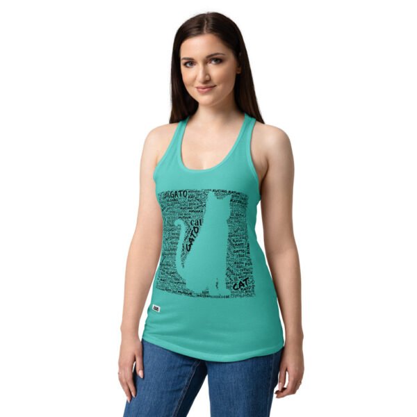 Camiseta de gatos para mujer GATO EN 40 IDIOMAS · MODELO D en color azul tahití, sobre modelo
