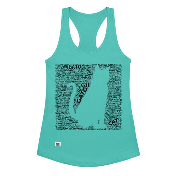 Camiseta de gatos para mujer GATO EN 40 IDIOMAS · MODELO D en color azul tahití, vista plana