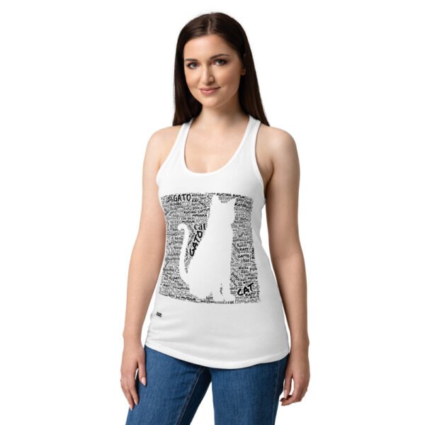 Camiseta de gatos para mujer GATO EN 40 IDIOMAS · MODELO D en color blanco, sobre modelo