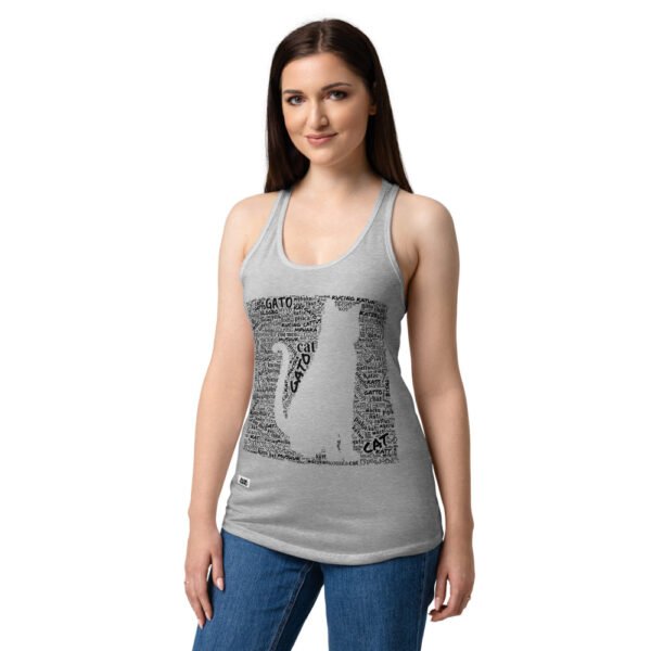 Camiseta de gatos para mujer GATO EN 40 IDIOMAS · MODELO D en color gris jaspeado, sobre modelo
