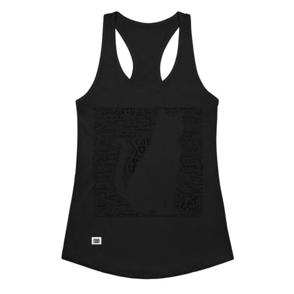 Camiseta de gatos para mujer GATO EN 40 IDIOMAS · MODELO D en color negro, vista plana