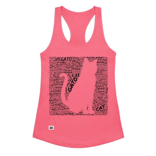 Camiseta de gatos para mujer GATO EN 40 IDIOMAS · MODELO D en color rosa eléctrico, vista plana