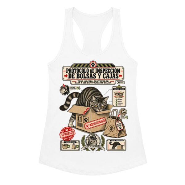 Camiseta de gatos para mujer INSPECCIÓN DE BOLSAS Y CAJAS en color blanco, vista plana