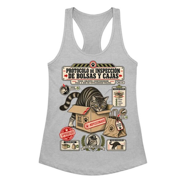 Camiseta de gatos para mujer INSPECCIÓN DE BOLSAS Y CAJAS en color gris jaspeado, vista plana