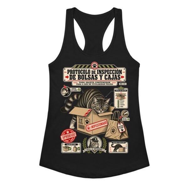 Camiseta de gatos para mujer INSPECCIÓN DE BOLSAS Y CAJAS en color negro, vista plana