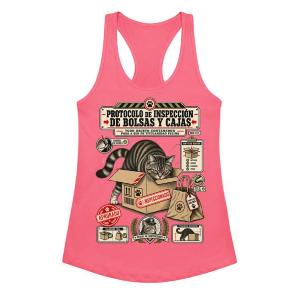 Camiseta de gatos para mujer INSPECCIÓN DE BOLSAS Y CAJAS en color rosa eléctrico, vista plana