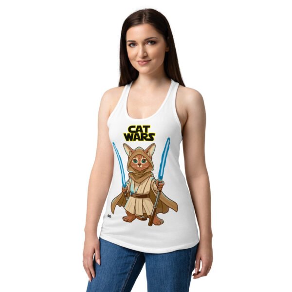 Camiseta de gatos para mujer GATO JEDI en color blanco, sobre modelo