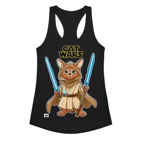 Camiseta de gatos para mujer GATO JEDI en color negro, vista plana