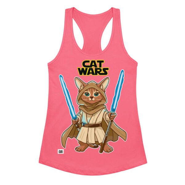 Camiseta de gatos para mujer GATO JEDI en color rosa eléctrico, vista plana