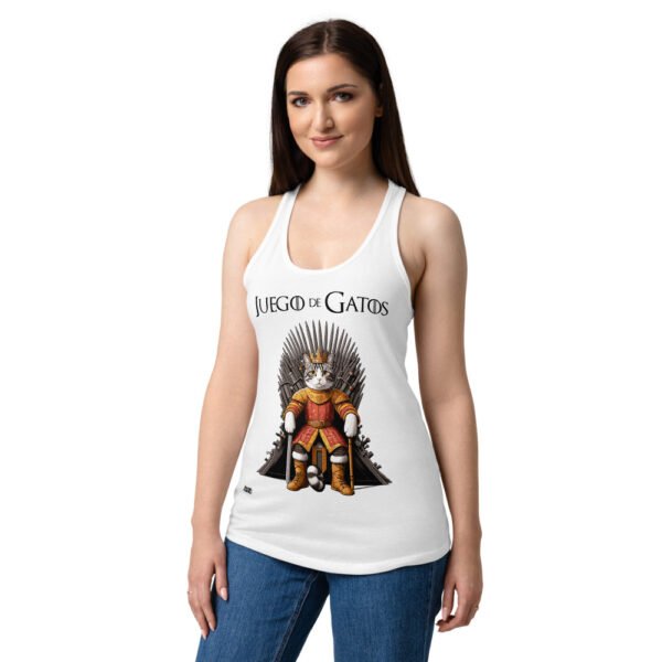 Camiseta de gatos para mujer JUEGO DE GATOS en color blanco, sobre modelo