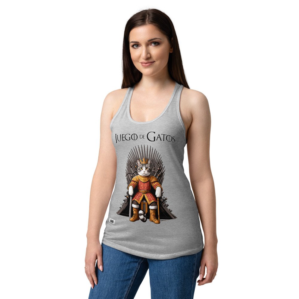 Camiseta de gatos para mujer JUEGO DE GATOS en color gris jaspeado, sobre modelo