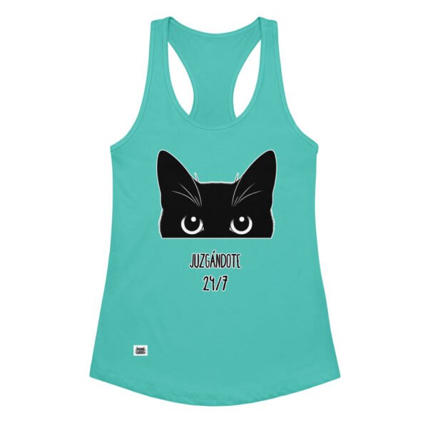 Camiseta de gatos para mujer JUZGÁNDOTE 24/7 en color azul tahití, vista plana