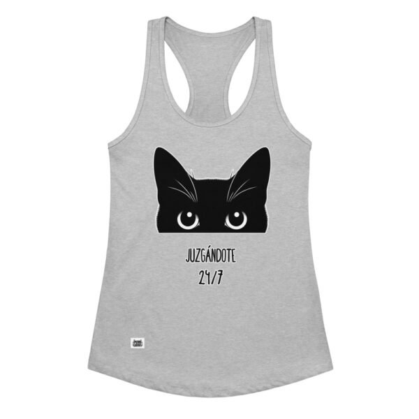 Camiseta de gatos para mujer JUZGÁNDOTE 24/7 en color gris jaspeado, vista plana