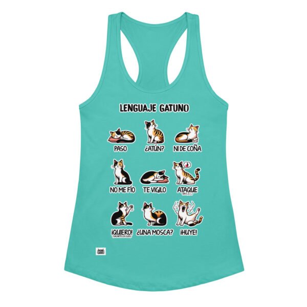 Camiseta de gatos para mujer LENGUAJE GATUNO en color azul tahití, vista plana