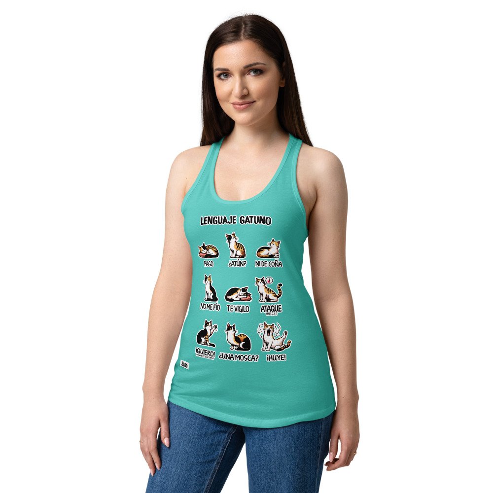 Camiseta de gatos para mujer LENGUAJE GATUNO en color azul tahití, sobre modelo