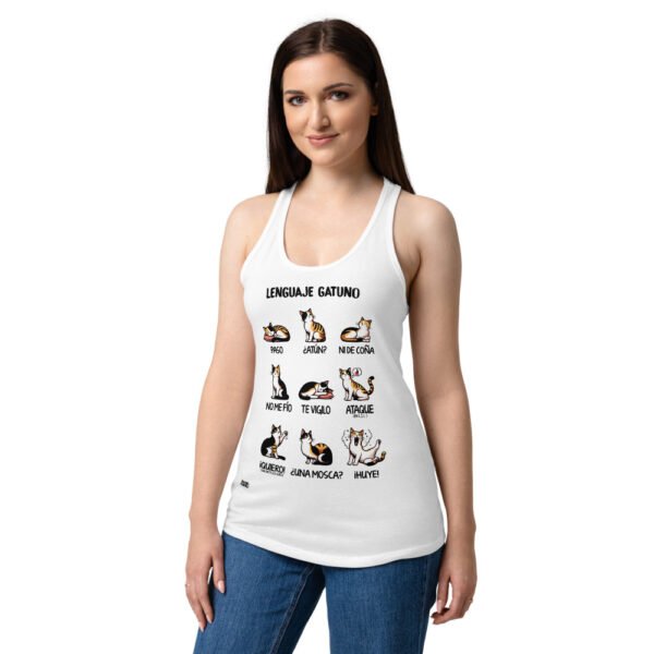 Camiseta de gatos para mujer LENGUAJE GATUNO en color blanco, sobre modelo
