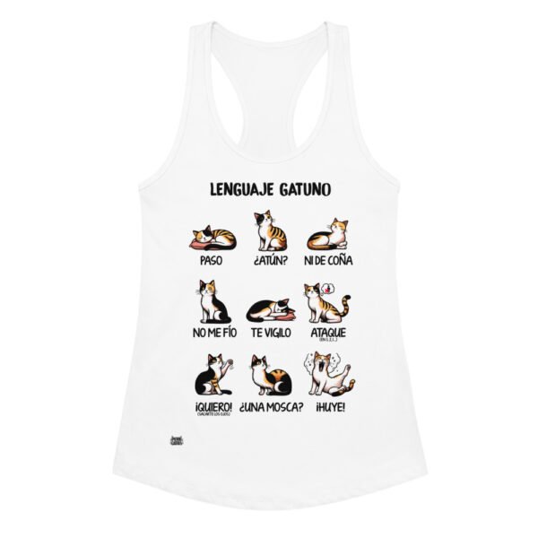 Camiseta de gatos para mujer LENGUAJE GATUNO en color blanco, vista plana