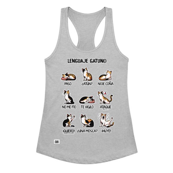 Camiseta de gatos para mujer LENGUAJE GATUNO en color gris jaspeado, vista plana