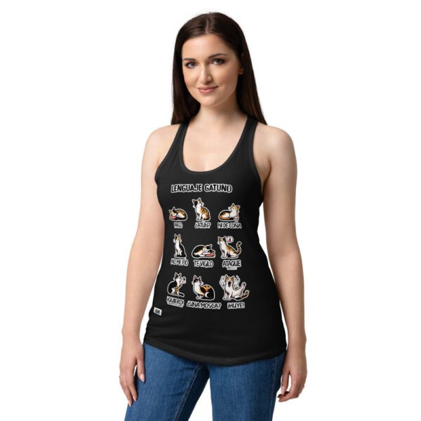 Camiseta de gatos para mujer LENGUAJE GATUNO en color negro, sobre modelo