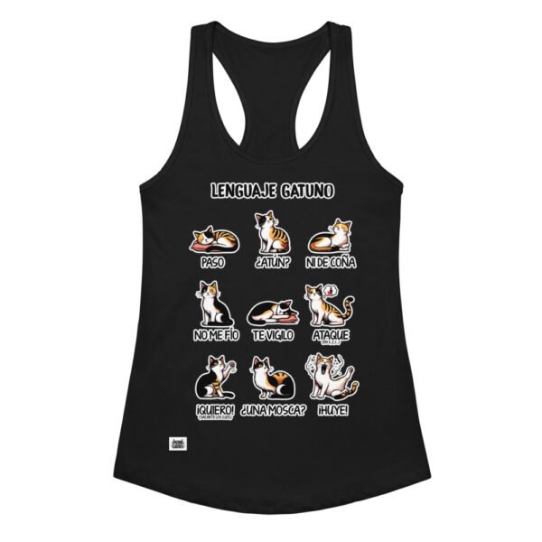 Camiseta de gatos para mujer LENGUAJE GATUNO en color negro, vista plana